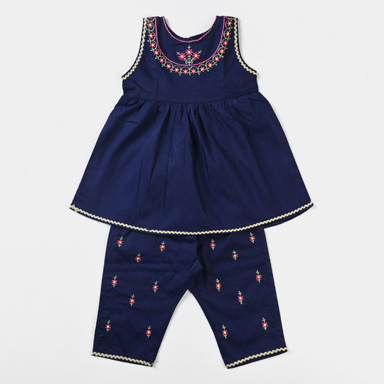 Infant Girls Jacquard EMB 2PCs Suit Little Flower-Navy Blue