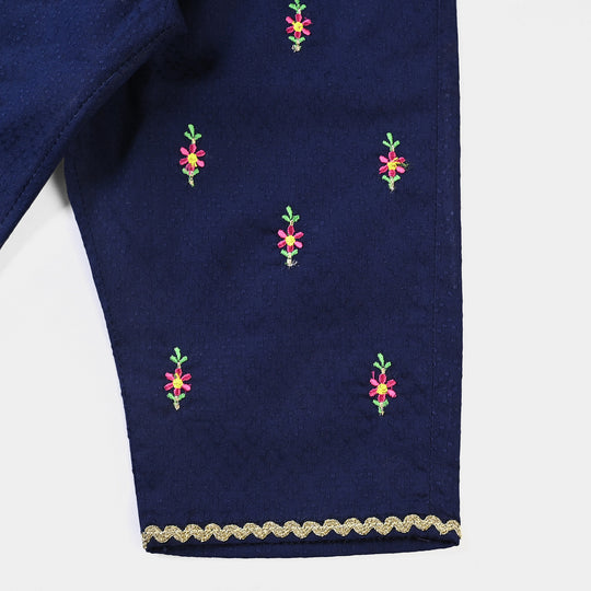 Infant Girls Jacquard EMB 2PCs Suit Little Flower-Navy Blue