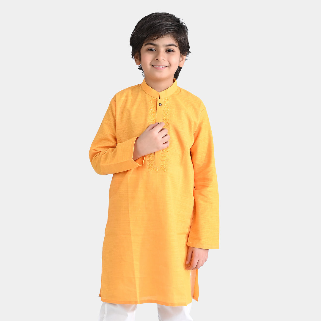 Boys Cotton Slub Embroidered Kurta-Citrus