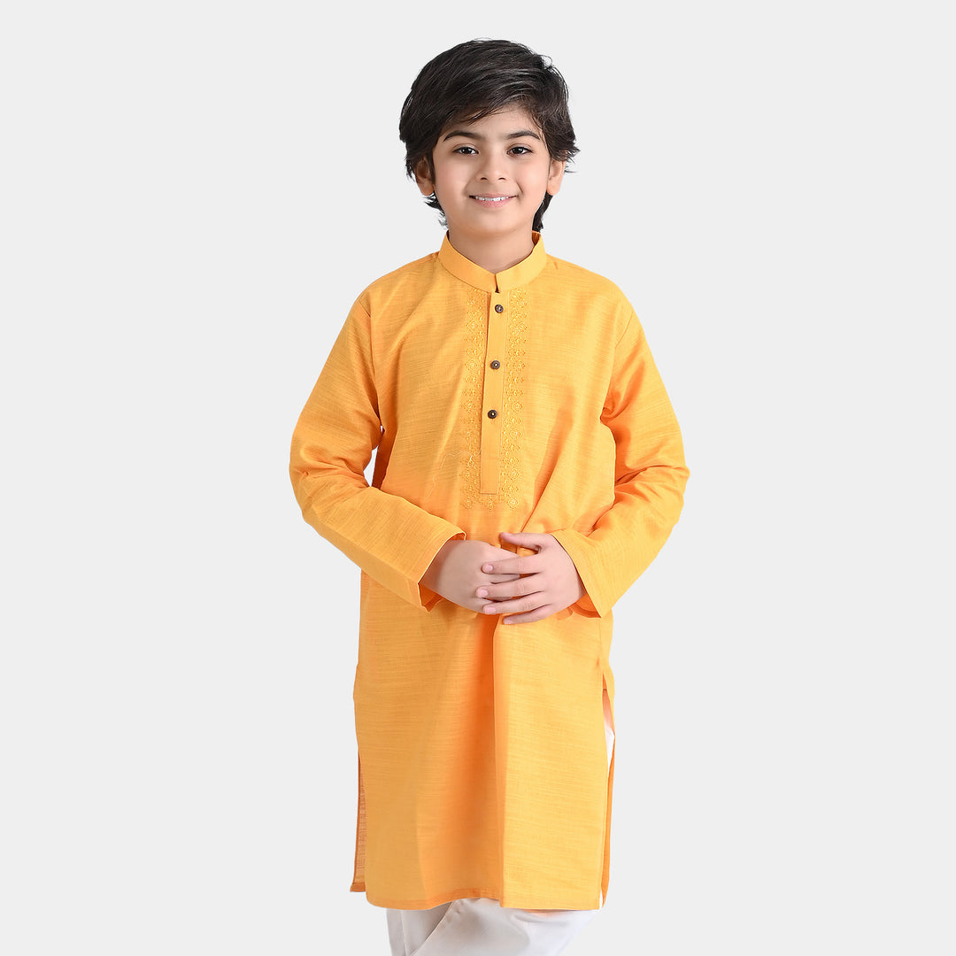 Boys Cotton Slub Embroidered Kurta-Citrus