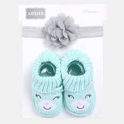 Baby Shoes With Head Band 0-6M-Green