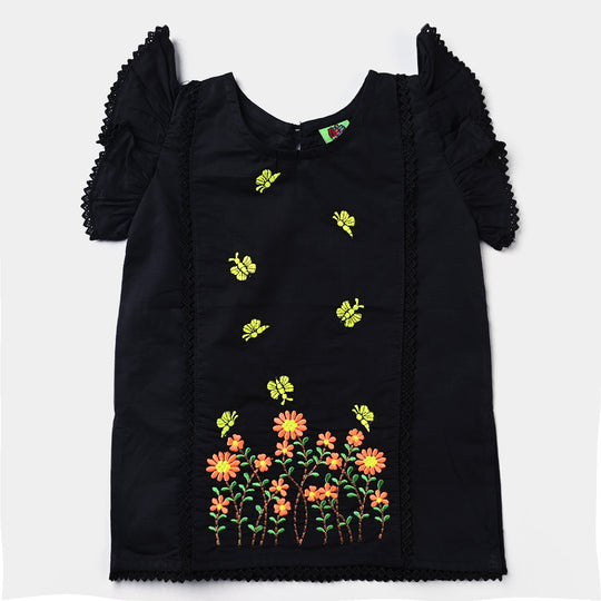 Infant Girls Cotton Slub EMB Kurti Summer Time-BLACK