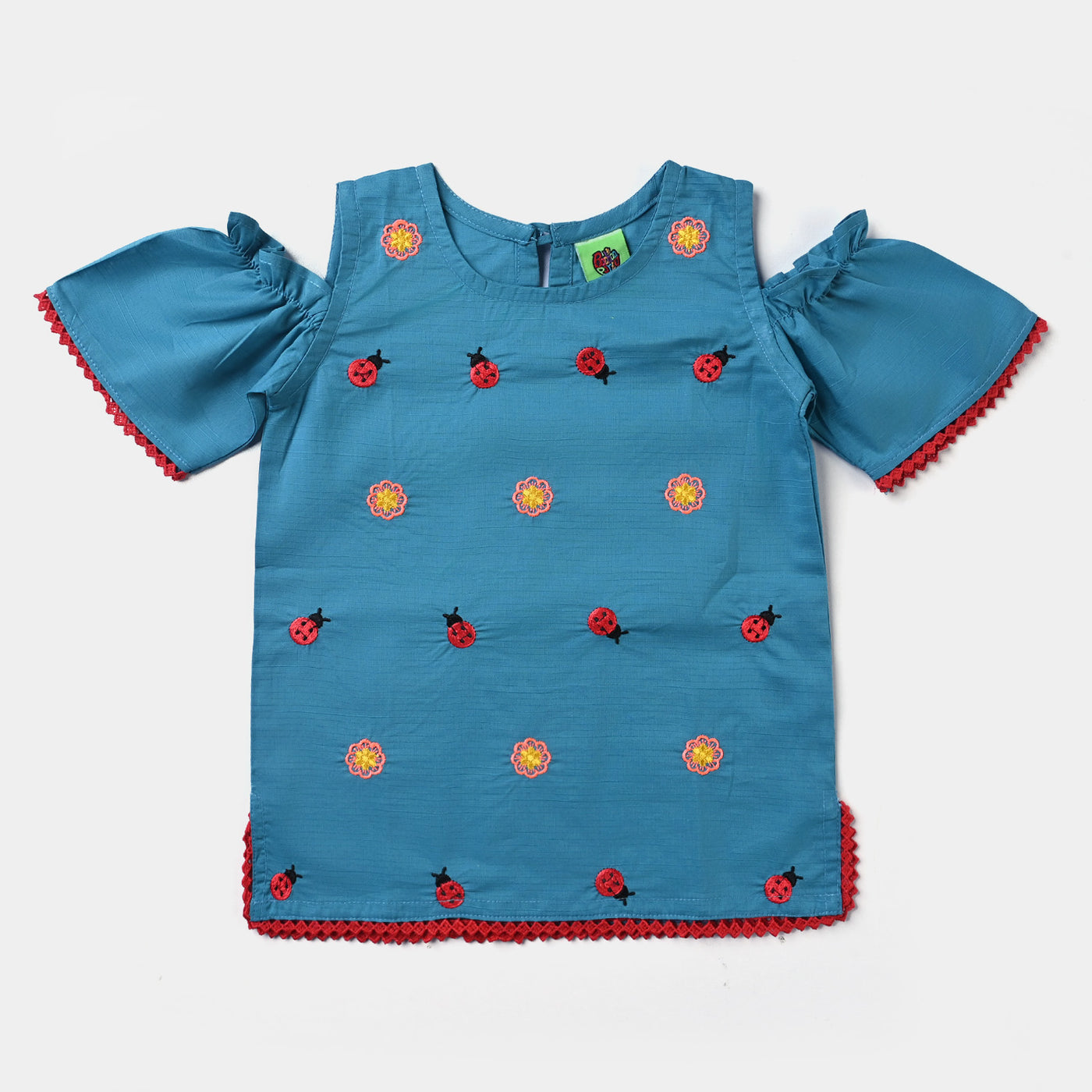 Infant Girls Cotton Slub EMB Kurti Lady Bird-Turquoise