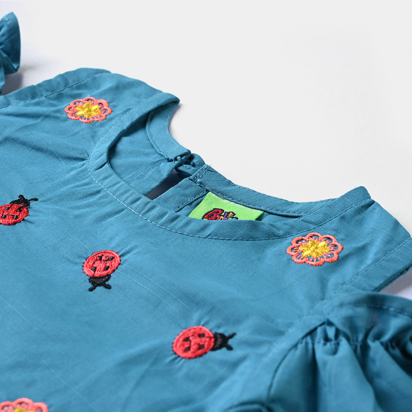 Infant Girls Cotton Slub EMB Kurti Lady Bird-Turquoise