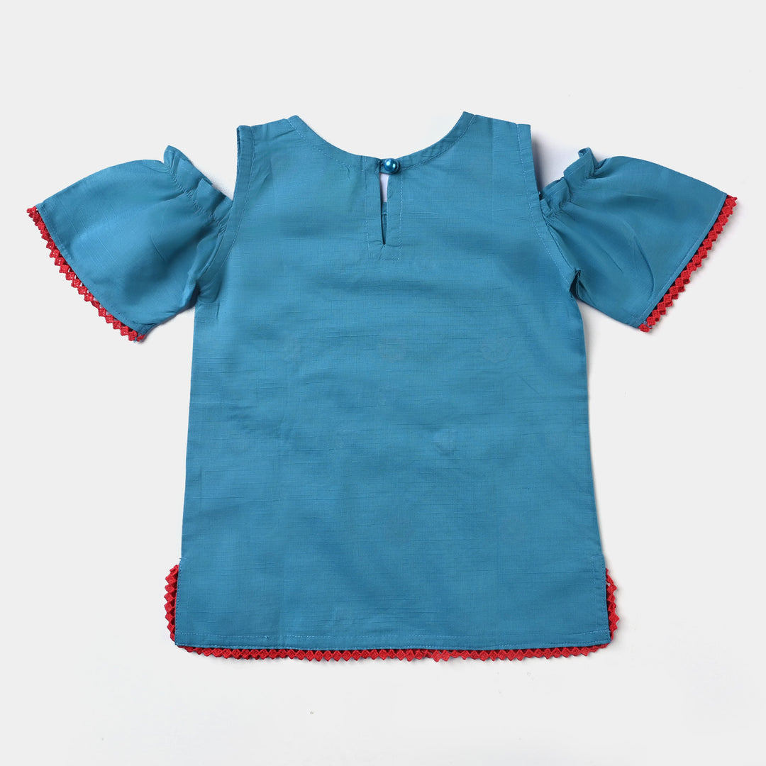 Infant Girls Cotton Slub EMB Kurti Lady Bird-Turquoise