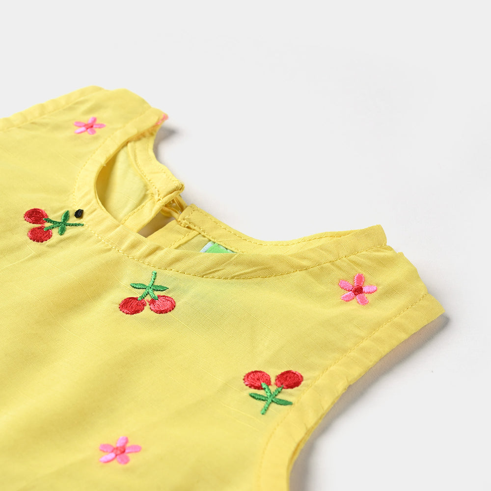 Infant Girls Cotton Slub EMB Kurti Little Cherry-B.Yellow