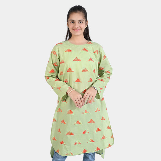 Teens Girls Cotton EMB Kurti High Low-G.Green