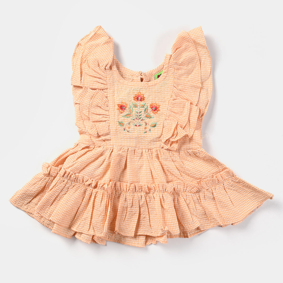 Infant Girls Poly CottonEMB Casual Frock Damask-ORANGE