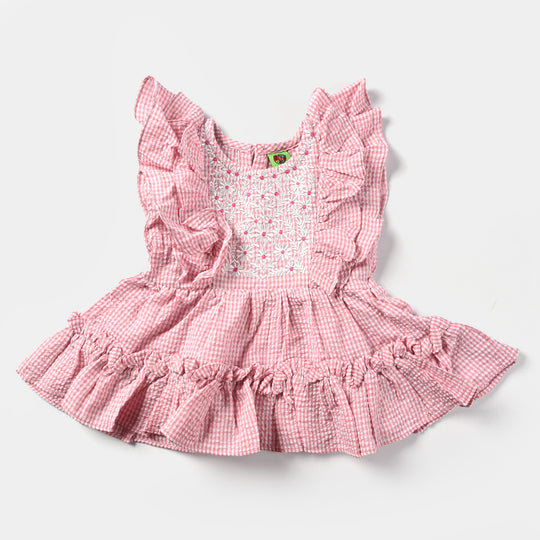 Infant Girls Poly Cotton EMB Casual Frock -Pink