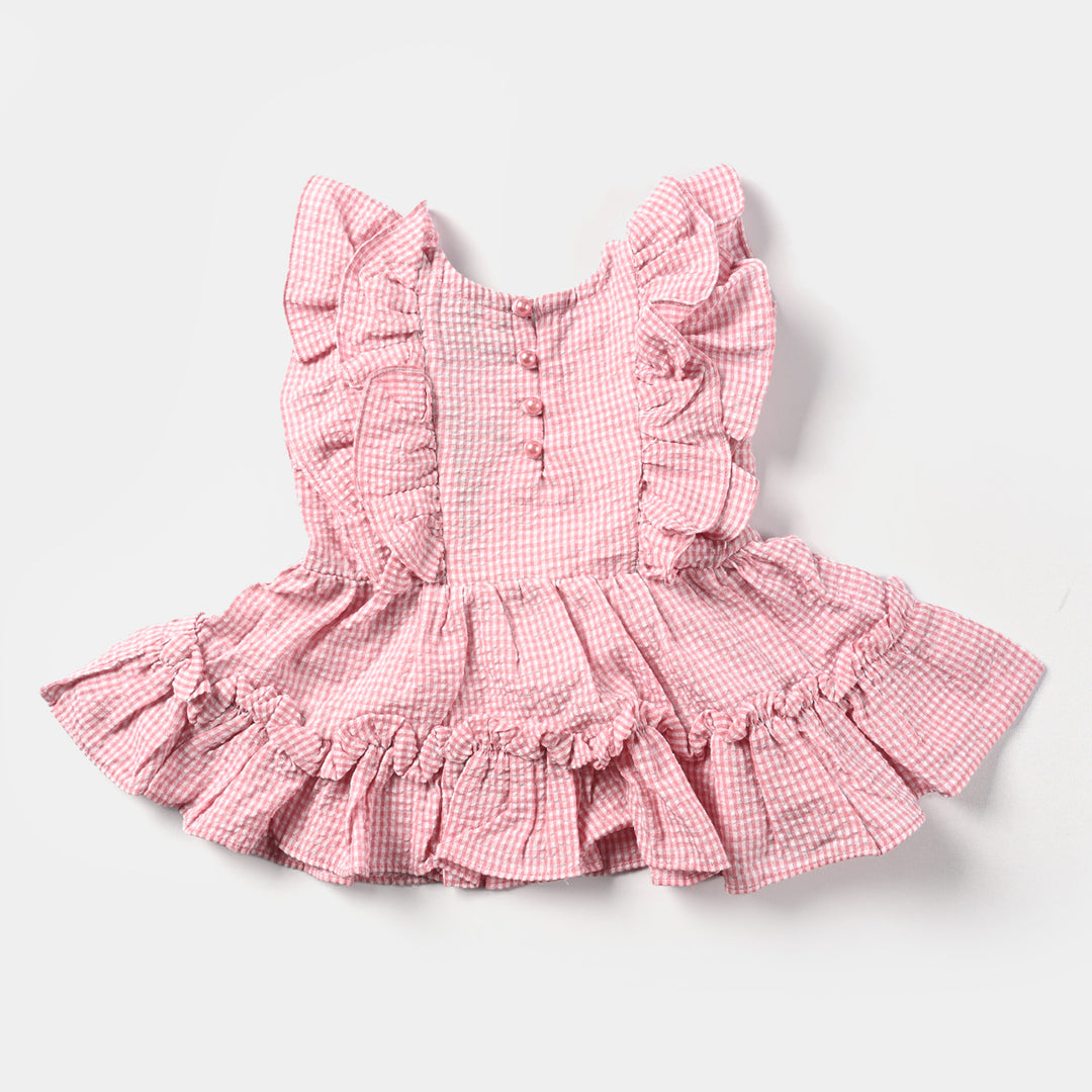 Infant Girls Poly Cotton EMB Casual Frock -Pink