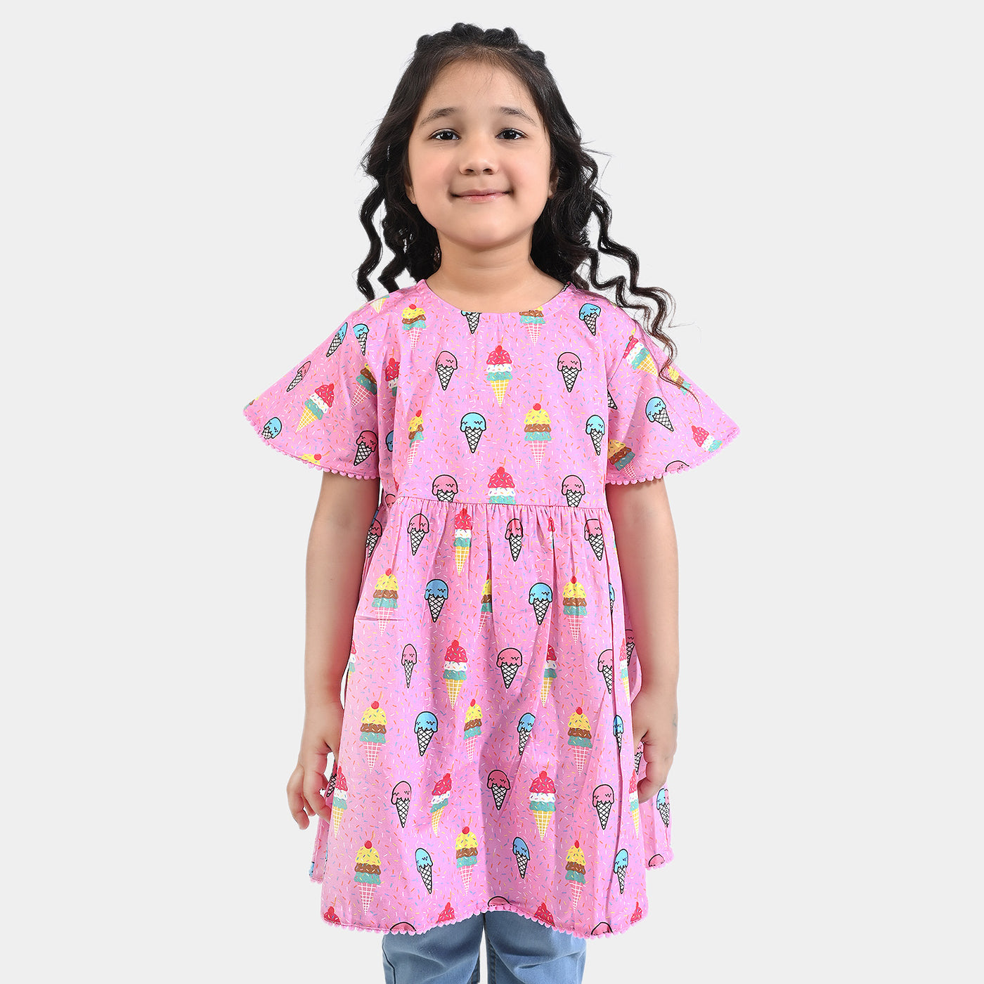Girls Cotton Poplin Casual Frock Lovely Cones-Pink