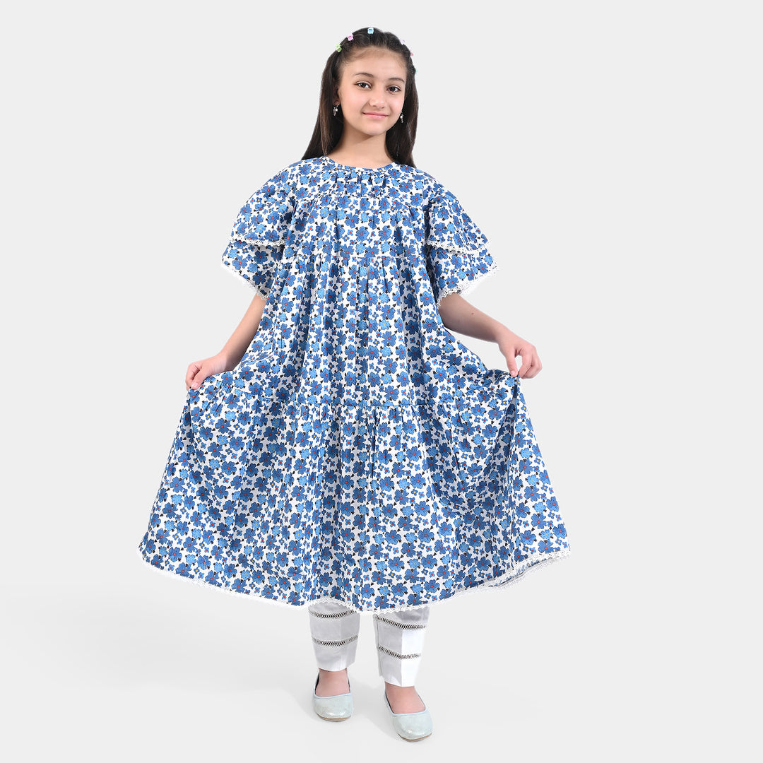 Girls Cotton Poplin Long Dress Blue Bell-Blue