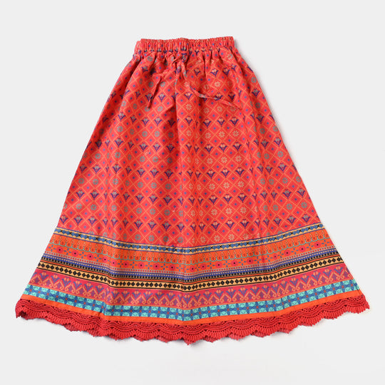 Girls Cotton Poplin Long Skirt Traditional Cross Stitch-Orange