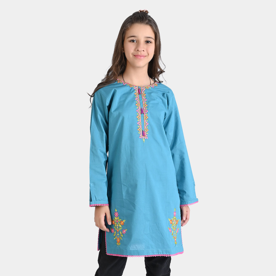 Girls Cotton Slub EMB Kurti Jashan-T.Turquiose