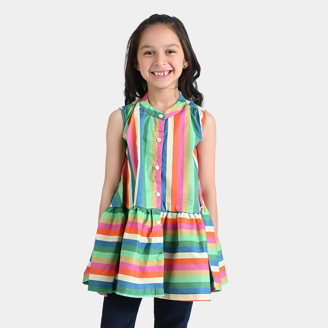 Girls Cotton Poplin Casual Frock ColorFull Stripes-Multi