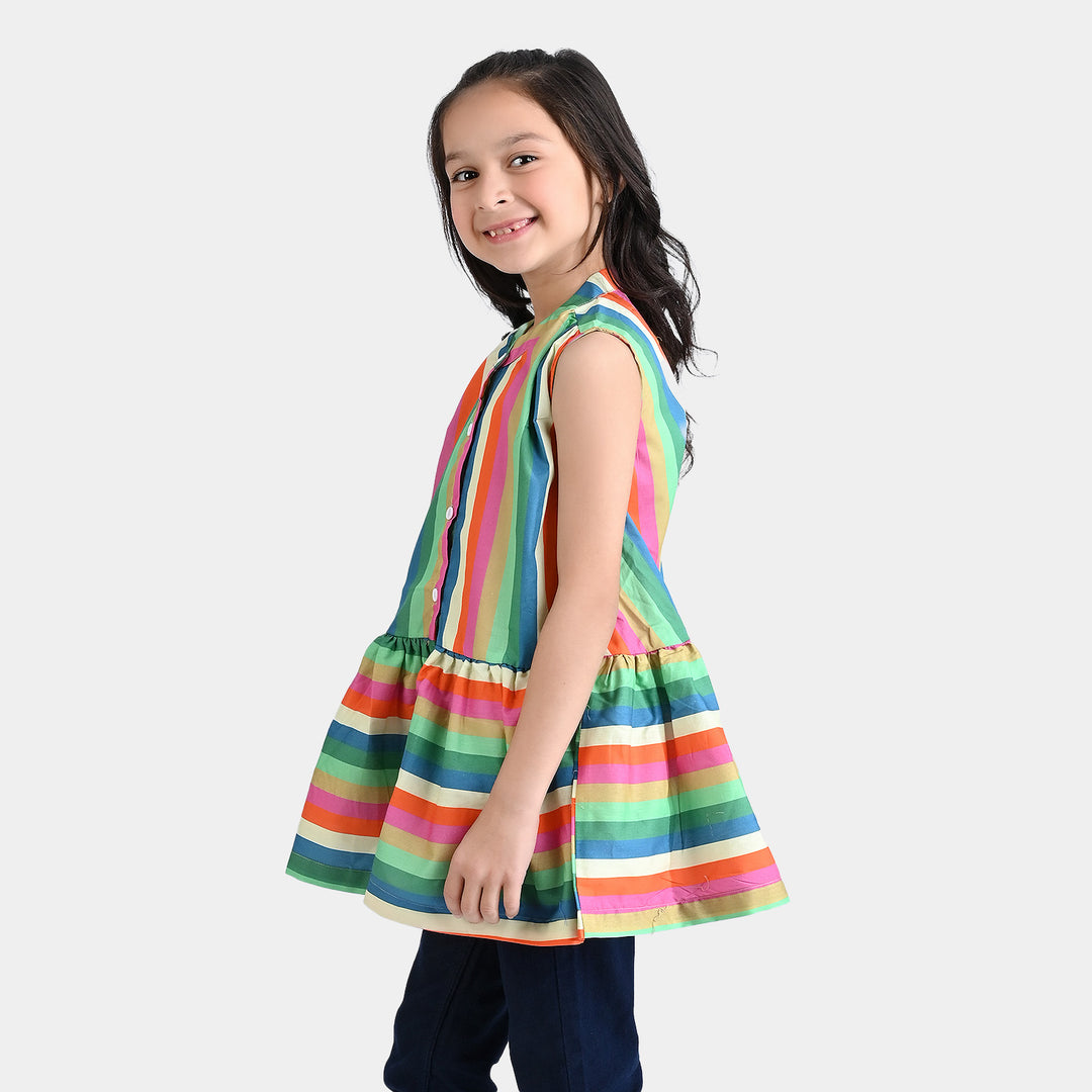 Girls Cotton Poplin Casual Frock ColorFull Stripes-Multi