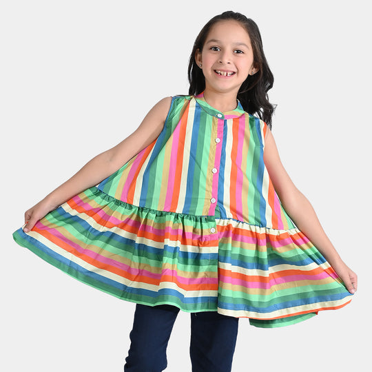 Girls Cotton Poplin Casual Frock ColorFull Stripes-Multi