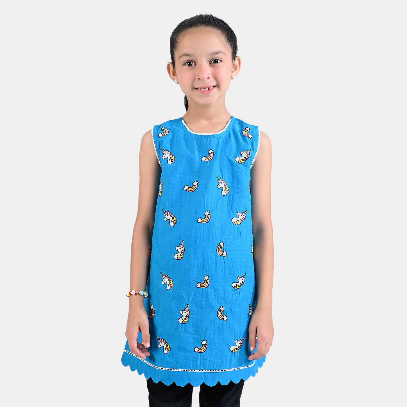 Girls Jacquard EMB Kurti Rainbow-Teal blue