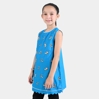 Girls Jacquard EMB Kurti Rainbow-Teal blue