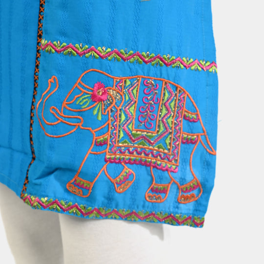 Girls Jacquard EMB Kurti Elephant-Teal