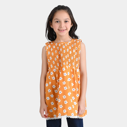 Girls Cotton Poplin Casual Frock Kids Flora-Mustard