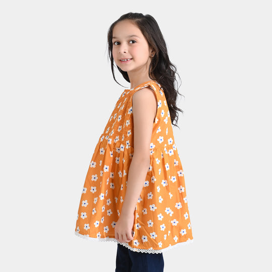 Girls Cotton Poplin Casual Frock Kids Flora-Mustard