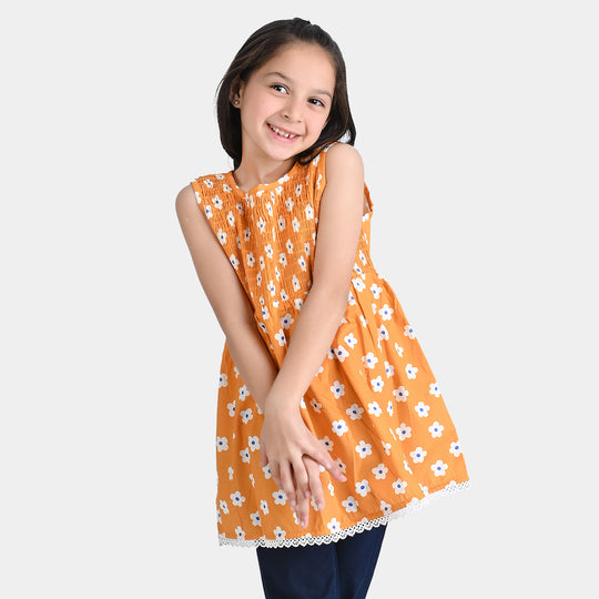 Girls Cotton Poplin Casual Frock Kids Flora-Mustard