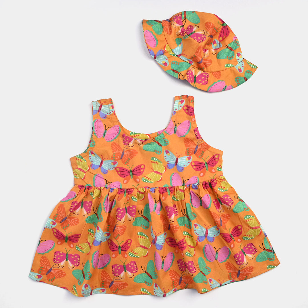 Infant Girls Cotton Butterfly Top W/Cap-ORANGE