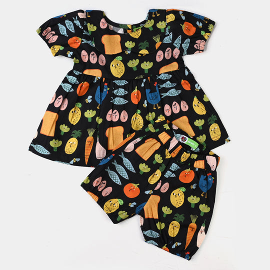 Infant Girls Cotton Printed Fruit Fish 2 PC Suit -BLACK