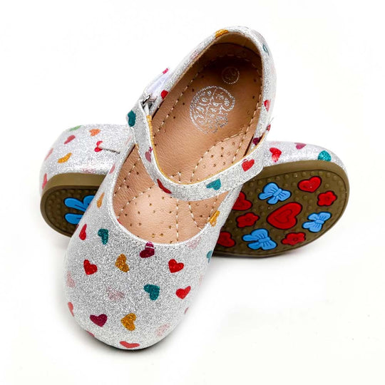 Fancy Glitter Heart Pumps For Girls - Silver