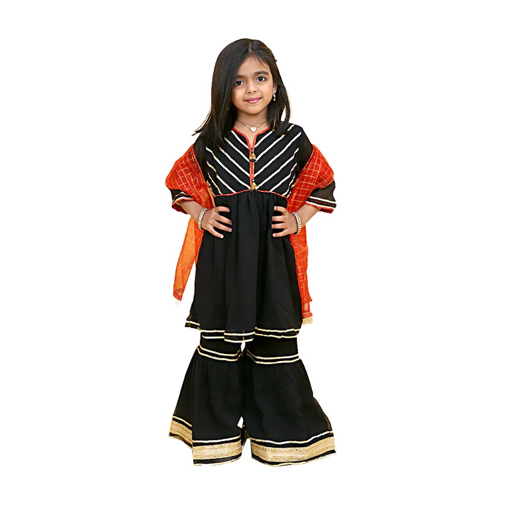 Gota Fancy Gharara 3 PCs Suit For Girls - Black