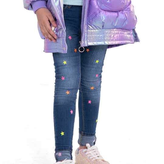 Star Denim Pant For Girls - Mid Blue