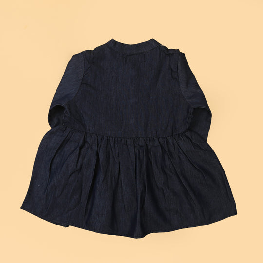 Geometric Denim Top For Girls - Dark Blue