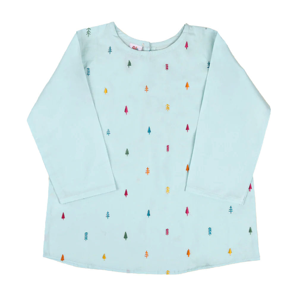 Forest Embroidered Top For Girls - Light Blue