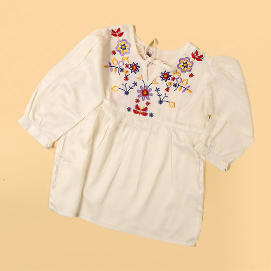 Embroidery Top For Girls - White