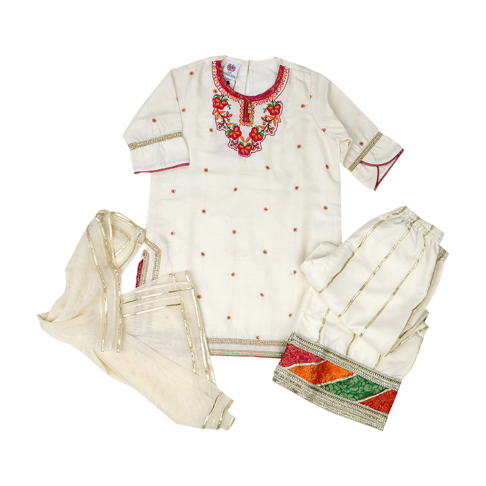 Fancy Eastern 3 PCs Suit For Girls - Off White