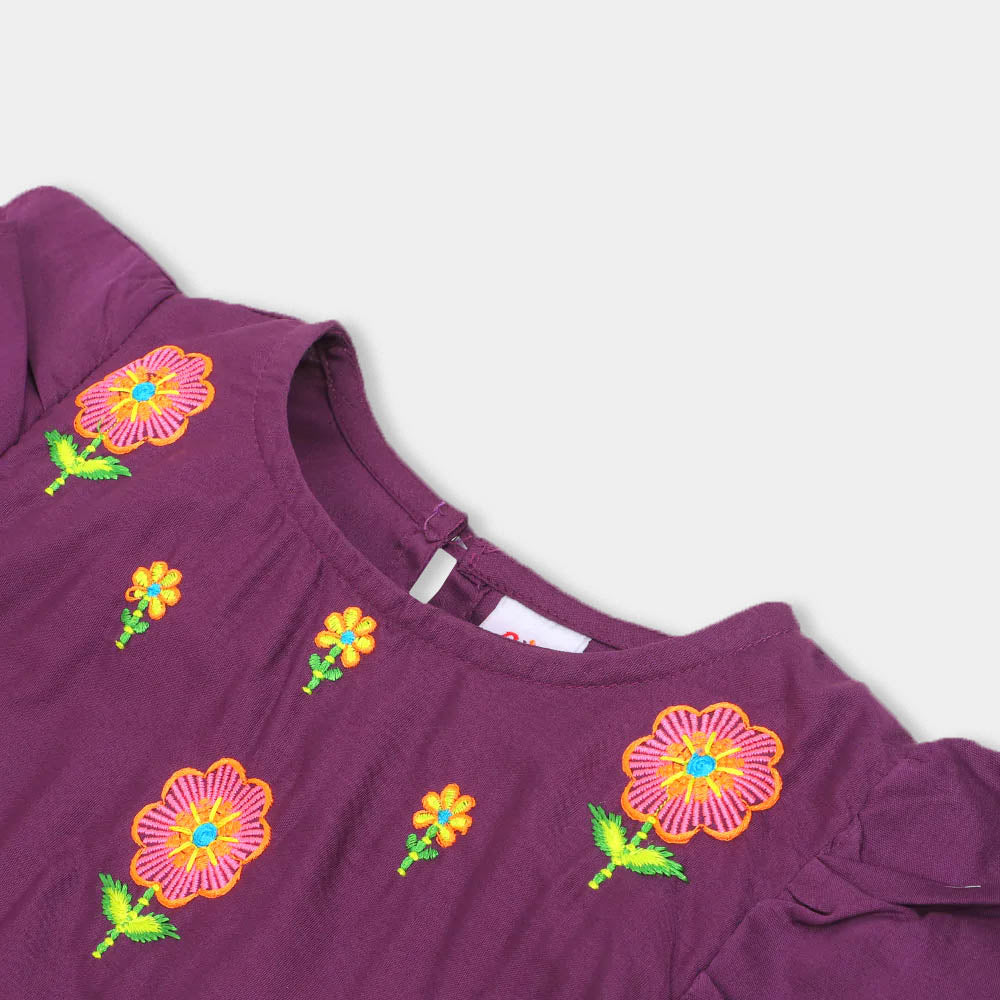 Girls Embroidered Top Foliage - Purple