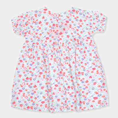 Girls Printed Cotton Frock - White