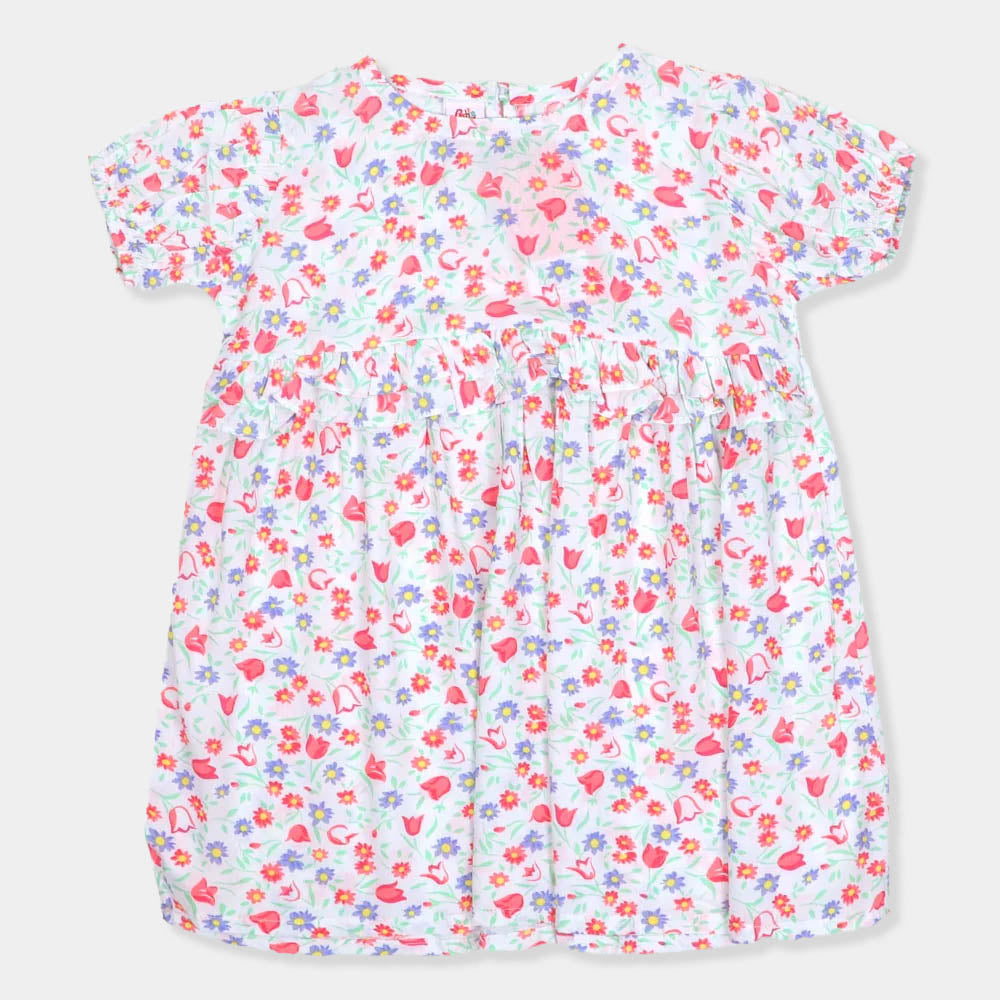 Girls Printed Cotton Frock - White