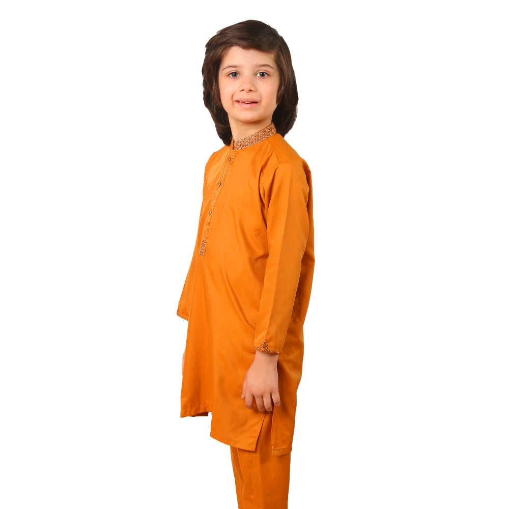 Boys Embroidered Kurta Pajama Suit - Rust