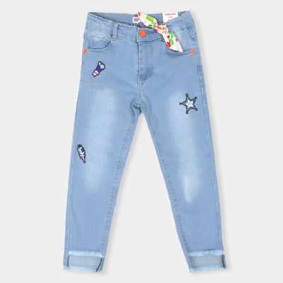 Pant Denim Applique Emb For Girls - Ice Blue