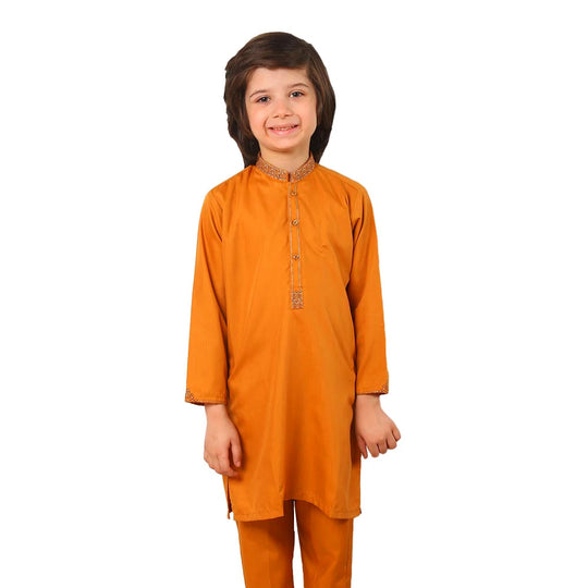 Boys Embroidered Kurta Pajama Suit - Rust