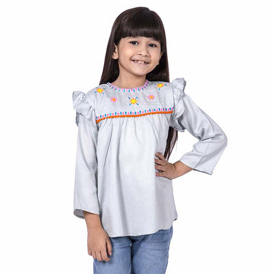 Embroided Pom Top For Girls - Aqua