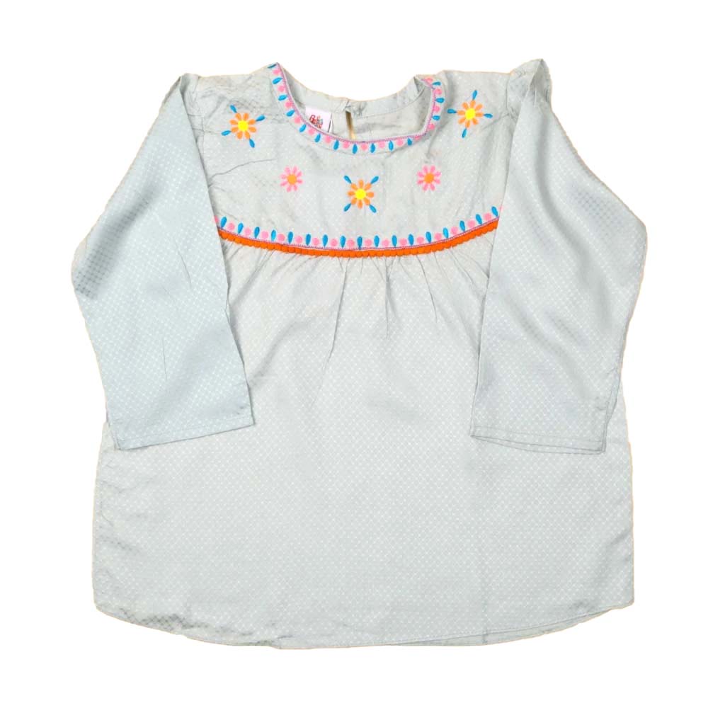 Embroided Pom Top For Girls - Aqua