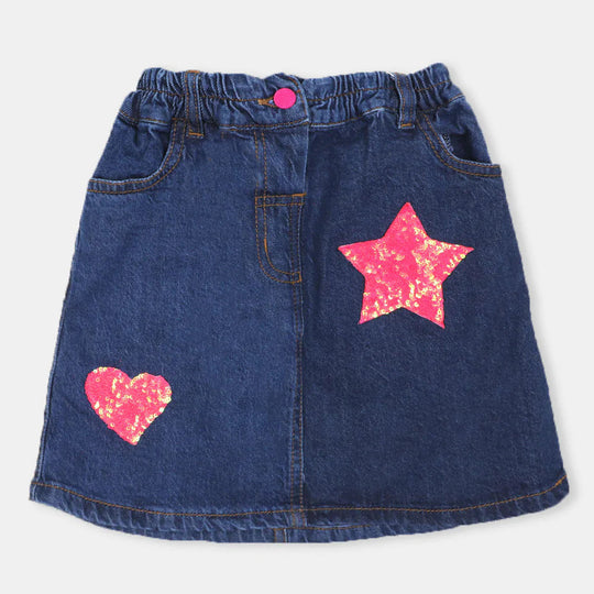 Girls Skirt Denim Star Applique - Mid Blue