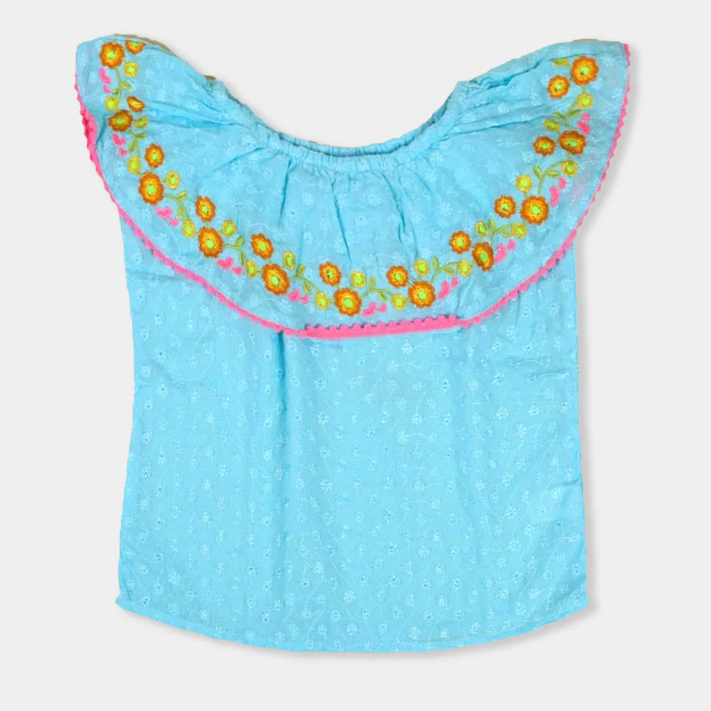 Chicken Embroidered Top For Girls - Sky Blue