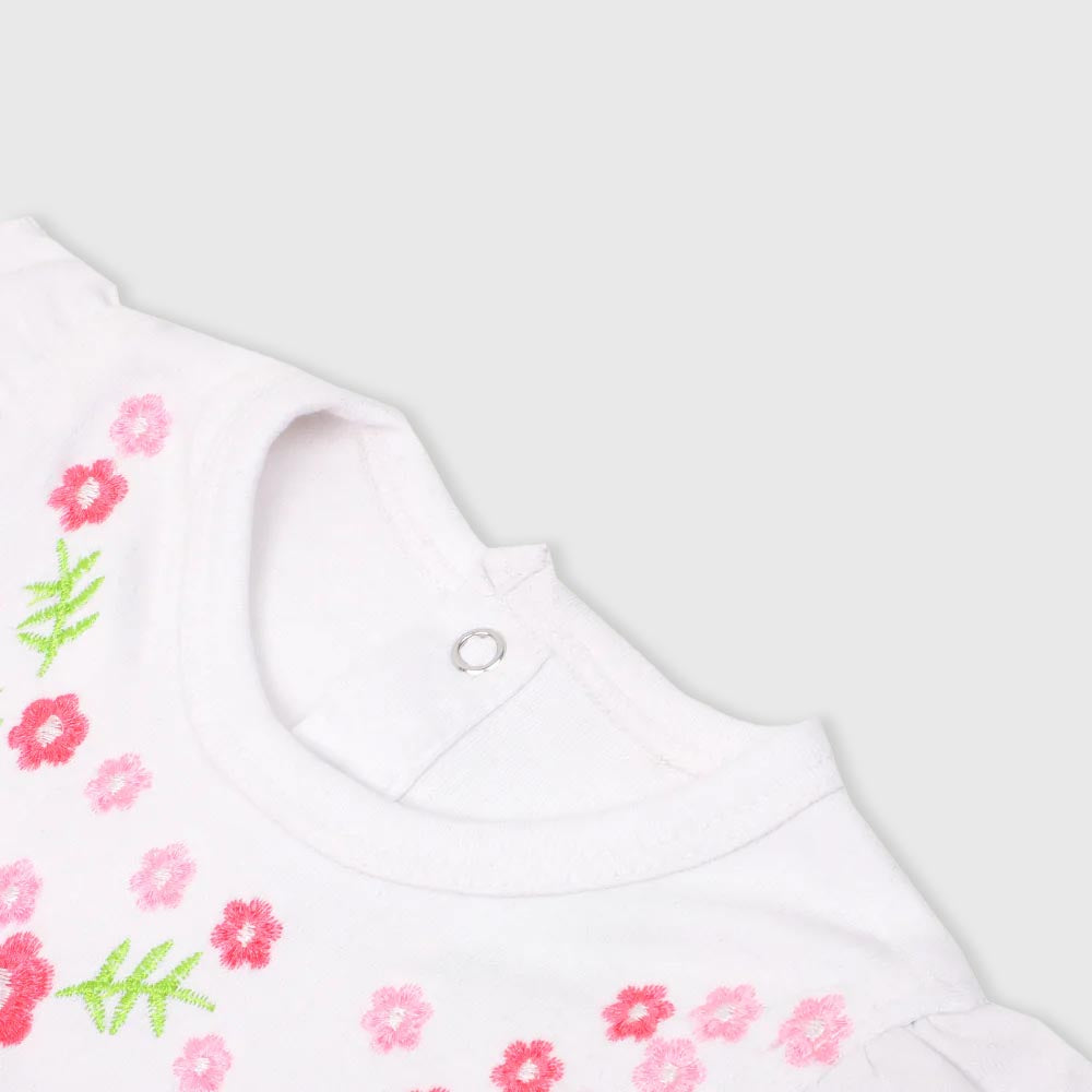 Infant Girls Knitted Romper flower Emb -White