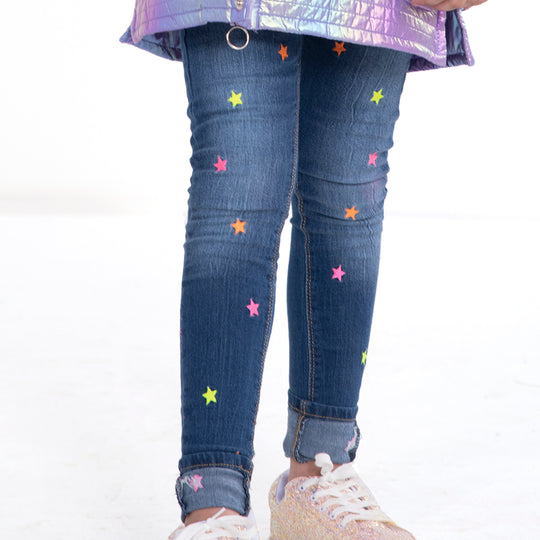 Star Denim Pant For Girls - Mid Blue