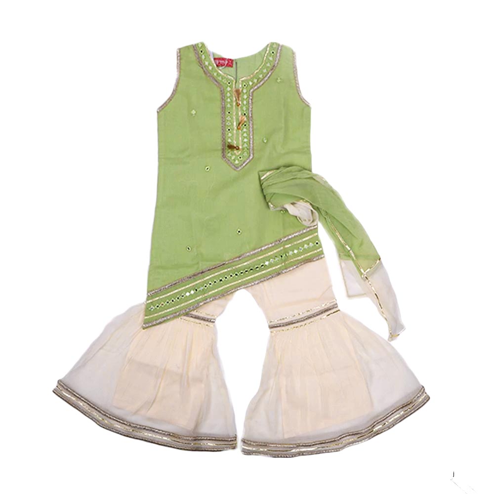 Fancy Eastern Mirror 3 PCs Suit For Girls - Green/Off White