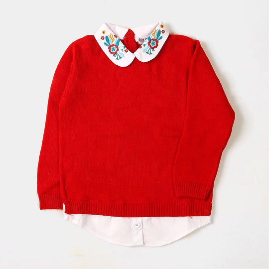 Collar Emb Sweater For Girls - Red